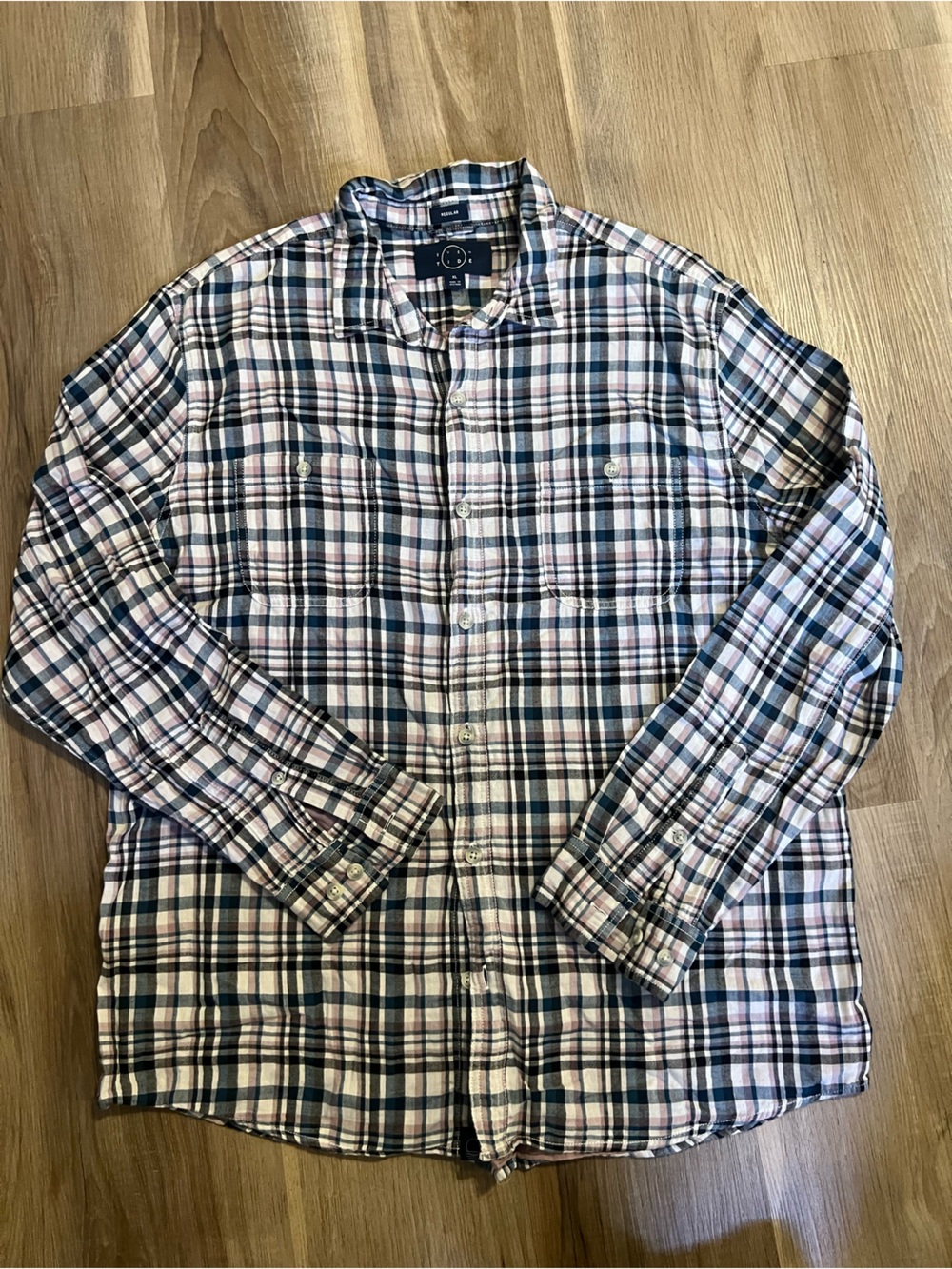 Even Tide Men's Plaid Button-Up Shirt - Blue, White & Pink Sz XL